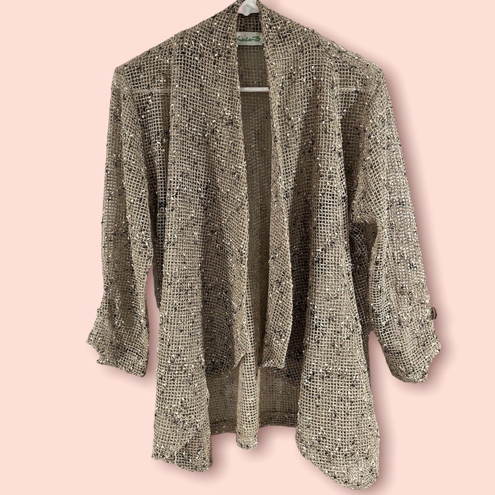 Cool Lulu B Pre Fishnet Open Weave Open Front  Blouse Size S Beige.